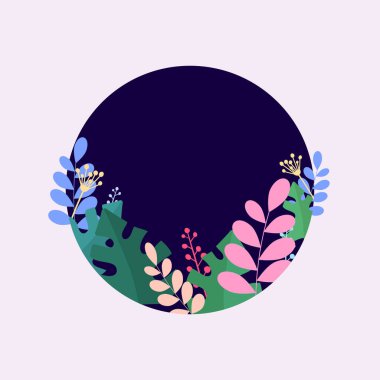 Işık yalıtılmış arka planda güzel düz bir çizim. Tropikal yeşil, mavi, pembe ve sarı yapraklar mor yuvarlak çerçevede.