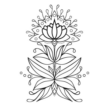 Yapraklı el yapımı fantezi çiçeği ve beyaz izole arka planda küçük bir dekor. Boyama kitabı sayfaları için.