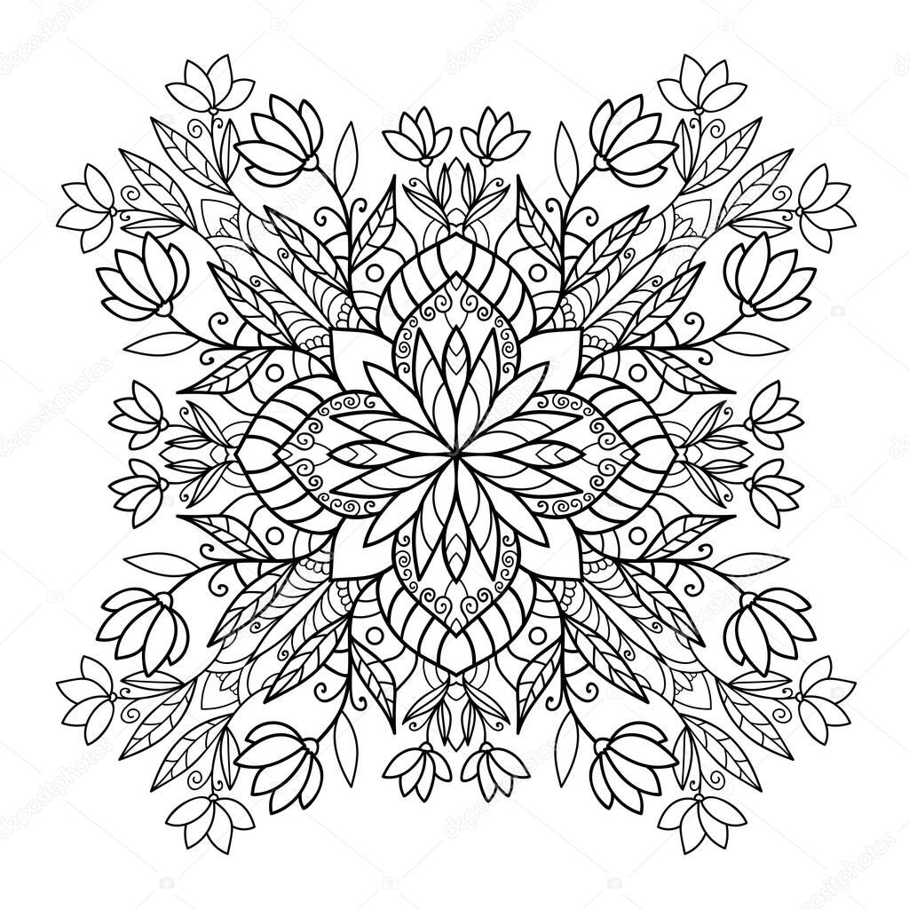 Flowers buds and leaves with small decor. Natural vector mandala on white isolated background. For coloring book pages.