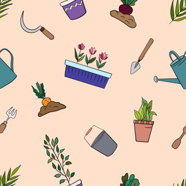 Açık pembe arka planda bahçıvanlık malzemelerinin pürüzsüz yay deseni. Tenceredeki laleler, havuç filizi, sulama kutusu, dal, pancar filizi, kova.