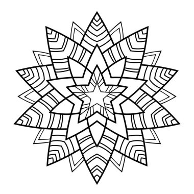 Beyaz izole arkaplanda basit bir yıldız mandala 'sı. Kitap sayfalarını boyamak için orta çizgili dekor, geometri motifleri.