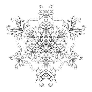Yapraklı dekoratif mandala, çiçek elementleri ve beyaz izole arkaplanda noktalar. Boyama kitabı sayfaları için.