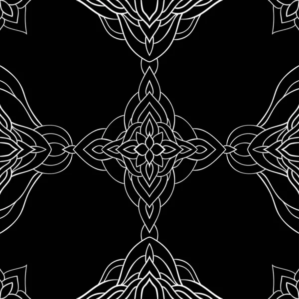 Ligne Blanche Dessinée Décor Mandala Arrière Plan Noir Modèle Abstrait — Image vectorielle