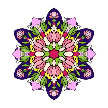 Pembe zambak çiçekli ve yapraklı yuvarlak çiçek mandala. Beyaz izole arka planda. Kapaklar ve pankartlar için uygun.