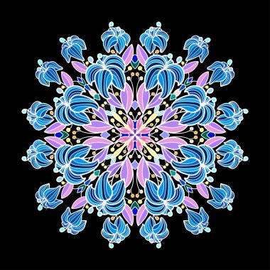 Siyah yalıtılmış arka planda pembe ve sarı unsurları olan mavi zambaklar. Çiçek dekoratif mandala..