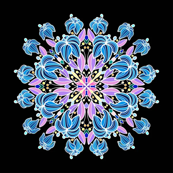 Siyah yalıtılmış arka planda pembe ve sarı unsurları olan mavi zambaklar. Çiçek dekoratif mandala..