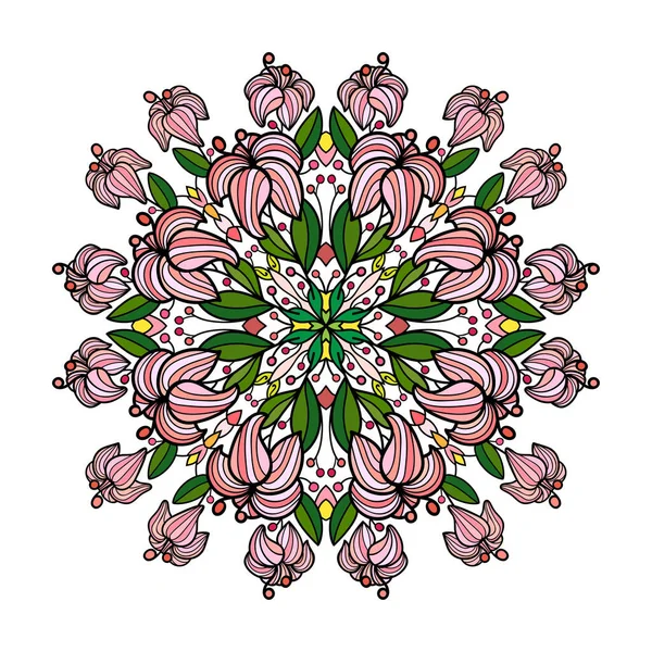Mandala Desenli Pembe Zambak Çiçekleri Beyaz Izole Arka Planda Boyama — Stok Vektör