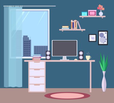 Düz iç mekan çizimi. Ev işi yeri. Bilgisayar masada, kitaplar, raflar, fotoğraflar, vazolar, çiçekler, bir fincan kahve, pencerede şehir. Kavram.