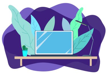Laptop, parlak mavi tencerede kaktüs ve ışık masasında lamba. Renkli soğuk yapraklar, menekşe gibi büyük lekeler. Web sitesi, afiş, uygulama için düz çalışma alanı illüstrasyonu.