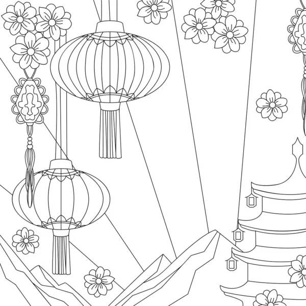 Китайський Новий Рік Ліхтарики Простим Декором Вишневими Квітами Пагодою Горами — стоковий вектор
