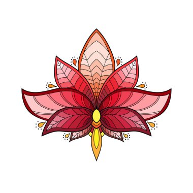 Kırmızı, turuncu, kestane rengi, beyaz izole arkaplanda sarı dekoru olan nilüfer çiçeğinden dekoratif mandala. Davetiyeye, afişe, afişe uygun.