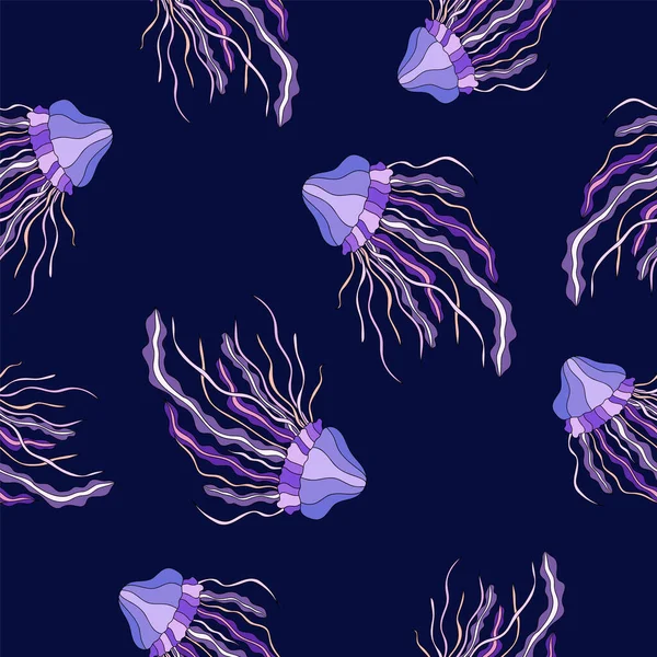 Light Purple Jellyfishes Violet Background Seamless Hand Drawn Underwater Fauna — Stock Vector