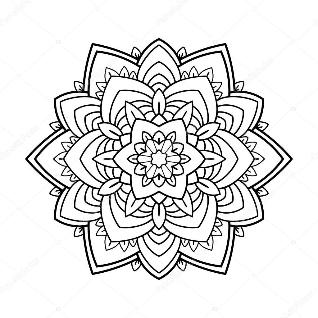 Floral mandala with decorative leaves on white isolated background. For coloring book pages.