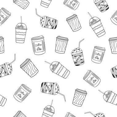 Siyah el çizimi kahve fincanları beyaz arka planda. Latte, cappuccino, americano. Kusursuz karalama yemek kalıbı.