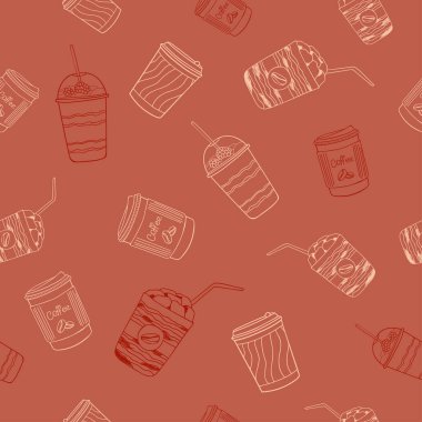 Bej ve kestane rengi latte, cappuccino, sakin kırmızı arka planda marşmelovlu kahve. İçkisiz yaz şablonu.