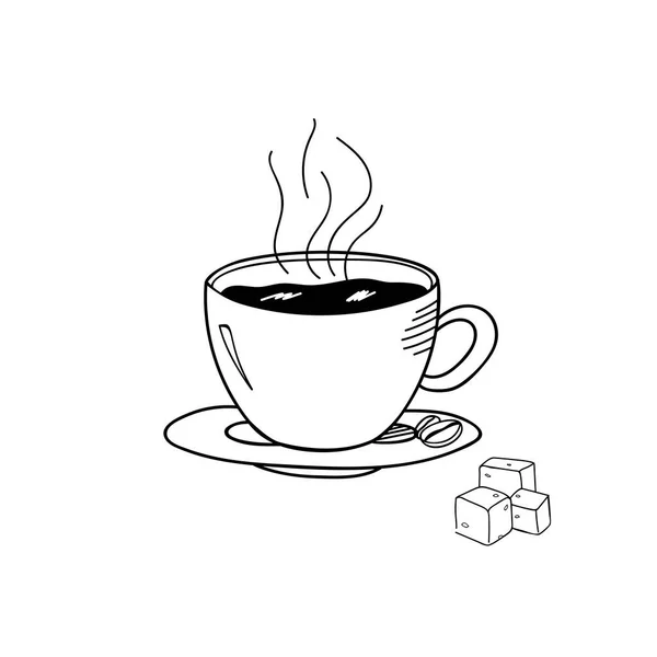 Tasse Schwarzen Kaffee Mit Zuckerklumpen Auf Weißem Isoliertem Hintergrund Gekritzel — Stockvektor