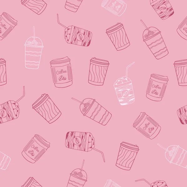 Doodle Tazze Bianche Rosse Caffè Sfondo Rosa Calmo Modello Caldo — Vettoriale Stock