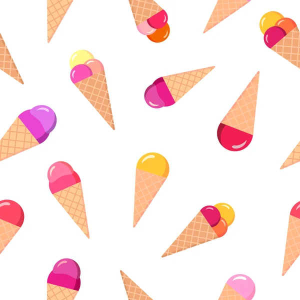 Bright and yummy ice cream in waffle cone on white background. Seamless fruit summer pattern.