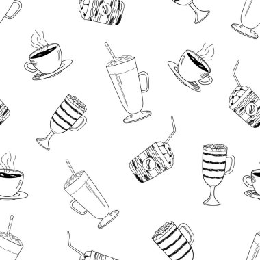 Siyah kahve fincanları. Latte, cappuccino, sade kahve ve şekerleme. Beyaz arka planda kusursuz karalama kahvaltı şablonu. Paketleme ve pankart için uygun.