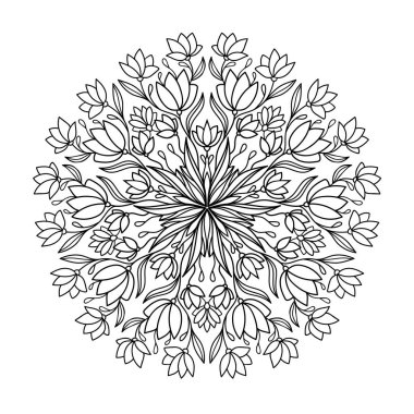 Süslü mandala lale, nilüfer çiçeği, yapraklar ve beyaz arka planda küçük çiçek unsurları. Boyama kitabı sayfaları, davetiye, poster için iyi.