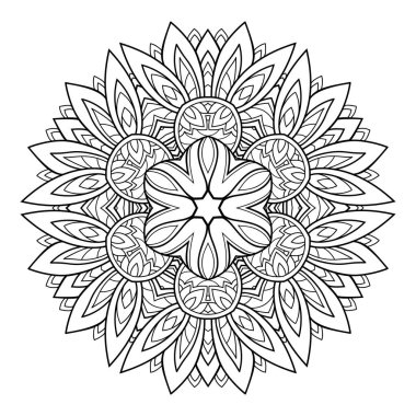 Beyaz arka planda küçük ve orta desenli soyut yuvarlak çiçek mandalası. Boyama kitabı sayfaları için.
