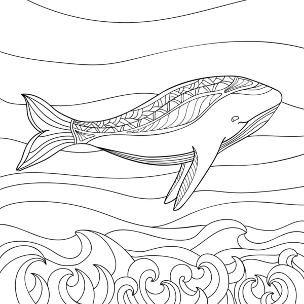 Carino Balena Con Motivo Astratto Oceano Sfondo Bianco Isolato Colorare — Vettoriale Stock