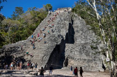 İnsanlar Meksika Maya şehrinde korsan harabelerinde yürüyor.