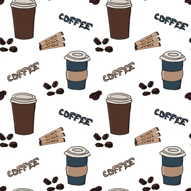 Kusursuz arka plan çizimi, el yapımı bir fincan kahve. Arkaplanda şeker, içecek ve kağıt bardak var. Tanıdık renklerde. Belki de mutfağın, kahvecinin, mağazanın, ürün tasarımının iç tasarımında kullanılmıştır..