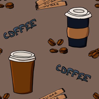 Kusursuz arka plan çizimi, el yapımı bir fincan kahve. Arkaplanda şeker, içecek ve kağıt bardak var. Tanıdık renklerde. Belki de mutfağın, kahvecinin, mağazanın, ürün tasarımının iç tasarımında kullanılmıştır..