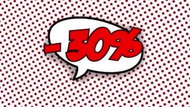 Çizgi roman animasyonunda konuşma balonunda% 30 indirimli metin yeşil ekran özel satış indirimi ve yüzdelerde çizgi roman animasyonu