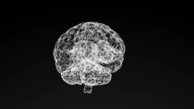Karmaşık, yavaş hareket eden noktalar ve üçgenlerden oluşan insan beyninin soyut geometrik bileşiminin üç boyutlu modeli siyah arkaplan üzerindeki kusursuz döngü soyut animasyonuna yerleştirilir.