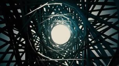Metal yapının endüstriyel tünelinde uçan 3D çizimler.