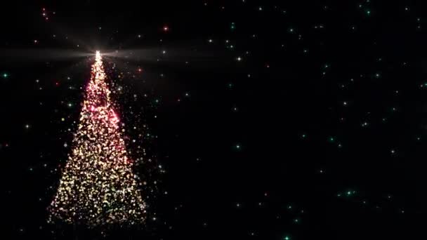 メリークリスマスグリーティングビデオカードクリスマスツリーで輝く光雪の結晶と星の暗い背景シームレスな休日のアニメーション — ストック動画