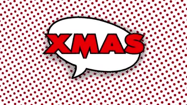 メリークリスマスビデオ挨拶カードで漫画風Xmasテキストで赤のハーフトーンパターンの背景が表示され 緑の画面に消えます — ストック動画