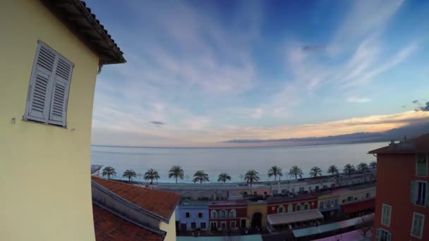 Time Lapse Panoramic View Nice Coastline Old Market Blue Sky — Stock Video