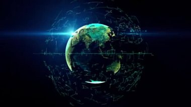 Dünya 'nın şeffaf gece haritasına sahip toprak küresi, ekseninin etrafında döner. Dijital dünyanın kusursuz geleceksel animasyonu, derin mavi gradyan arka planda ışık efektleri ile birlikte. 