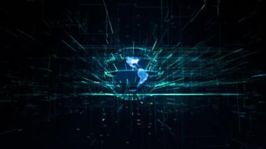 Dünya 'yı çevreleyen küresel dijital dünya teknolojinin soyut üç boyutlu yorumlanması modern dijital çağın bağlantı verilerini taşır