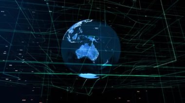 Dünya 'yı çevreleyen küresel dijital dünya teknolojinin soyut üç boyutlu yorumlanması modern dijital çağın bağlantı verilerini taşır