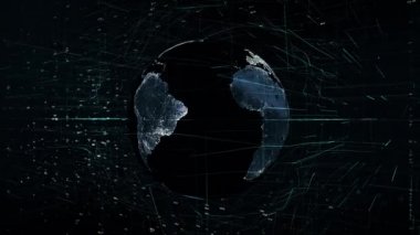 Dünya 'yı çevreleyen küresel dijital dünya teknolojinin soyut 3D yorumlanması modern dijital dijital veri selinin bağlantı verilerini taşır