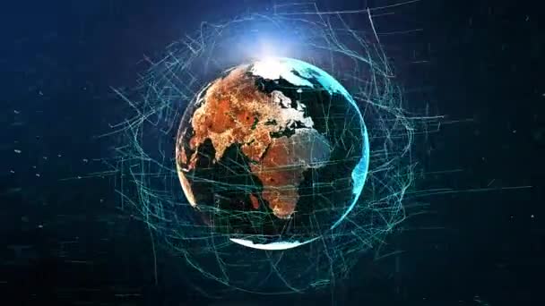 透明な地球の夜の地図を持つ地球は 光の効果を持つデジタル世界のシームレスな未来的な技術アニメーションの中心にある軸の周りをゆっくりと回転します — ストック動画