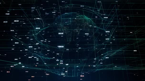 animation réseau global animation 3D symbolisant la technologie globale de l'information avec des nombres aléatoires de la terre et d'autres éléments et symboles de mots numériques