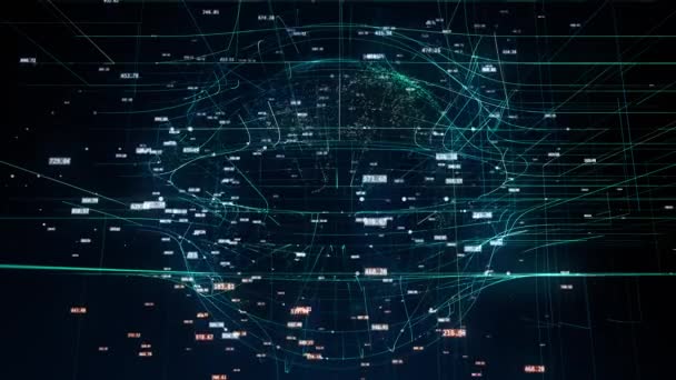 animation réseau global animation 3D symbolisant la technologie globale de l'information avec des nombres aléatoires de la terre et d'autres éléments et symboles de mots numériques