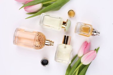 set of aroma perfumes with flowers or plant on white background