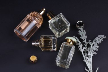 beautiful aroma perfumes set on dark background 