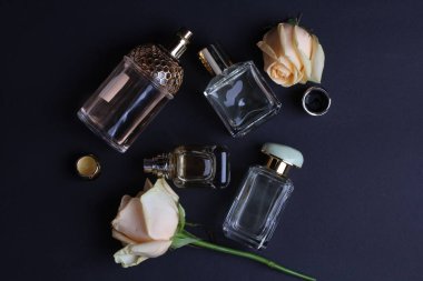 beautiful aroma perfumes set on dark background 
