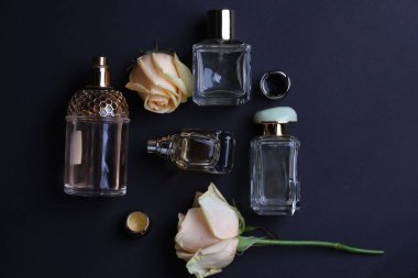 beautiful aroma perfumes set on dark background 