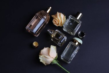 beautiful aroma perfumes set on dark background 