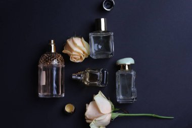 beautiful aroma perfumes set on dark background 