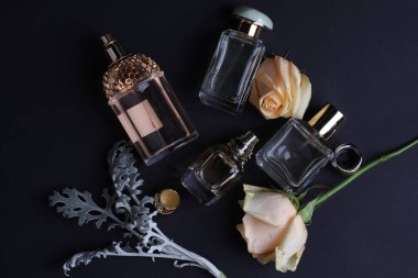 beautiful aroma perfumes set on dark background 
