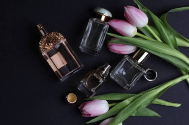 beautiful aroma perfumes set on dark background 